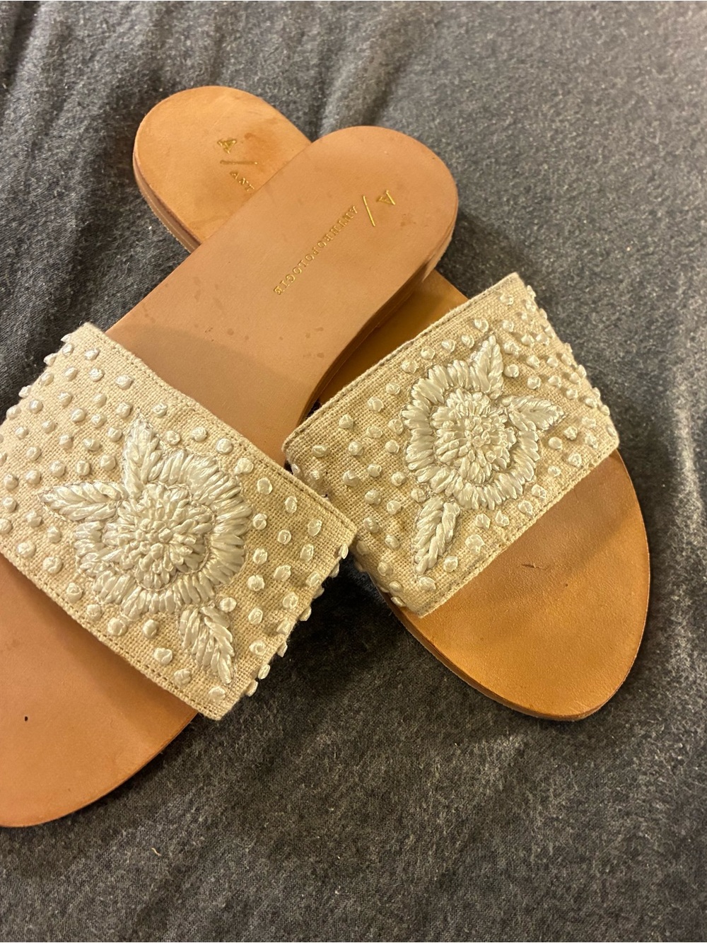 Anthropologie Cream Embroidered Slide Sandals